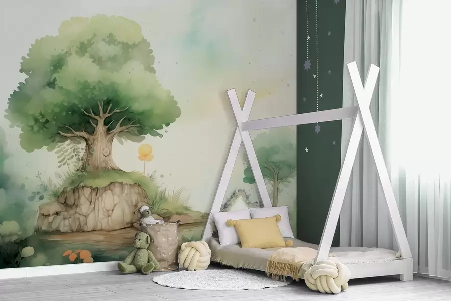 wall murals Бајковити свет детињства у зеленом шумском пејзажу, акварел стил w09566