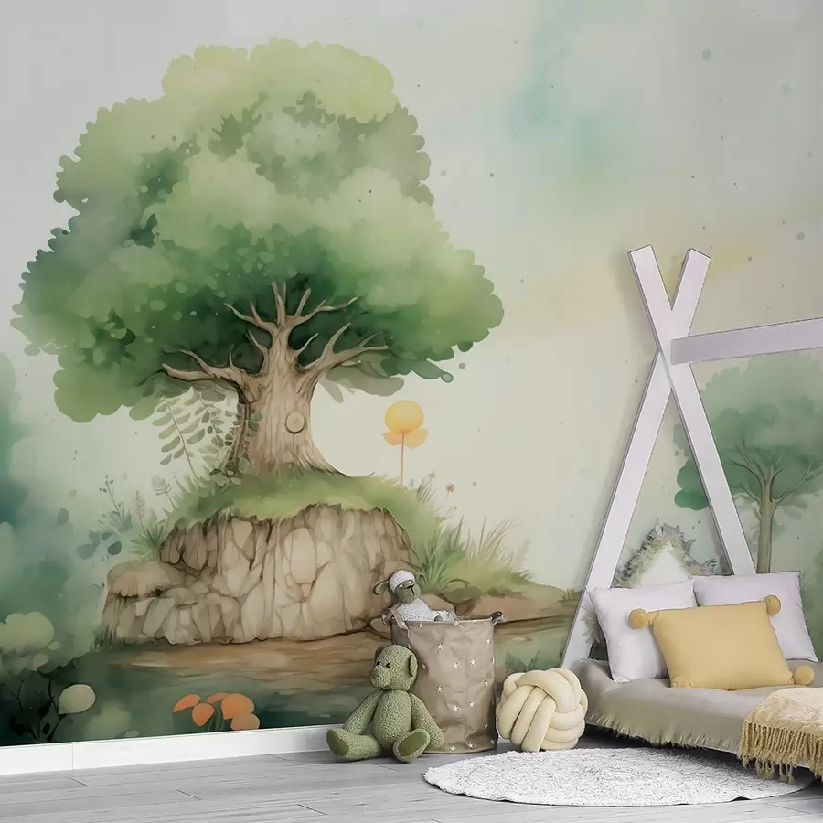 wall murals Бајковити свет детињства у зеленом шумском пејзажу, акварел стил w09566
