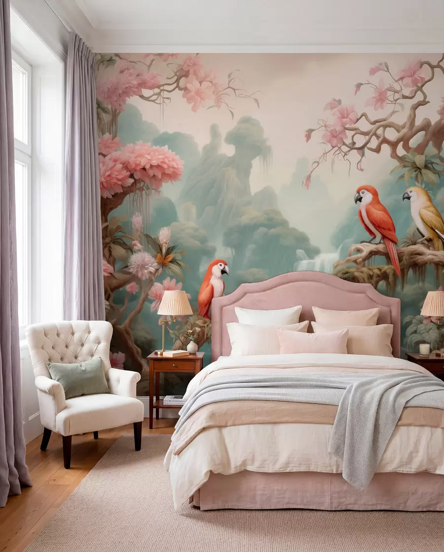 wall murals Papagaji kraj vodopada w09580