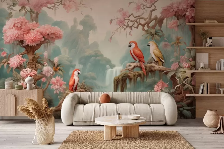 wall murals Бајковита тропска шума са папагајима, цветајућим дрвећем са ружичастим цветовима и водопадом w09580