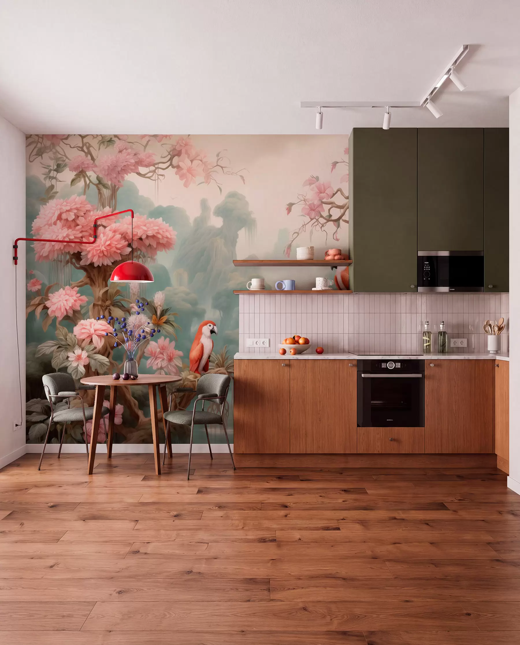 wall murals Бајковита тропска шума са папагајима, цветајућим дрвећем са ружичастим цветовима и водопадом w09580