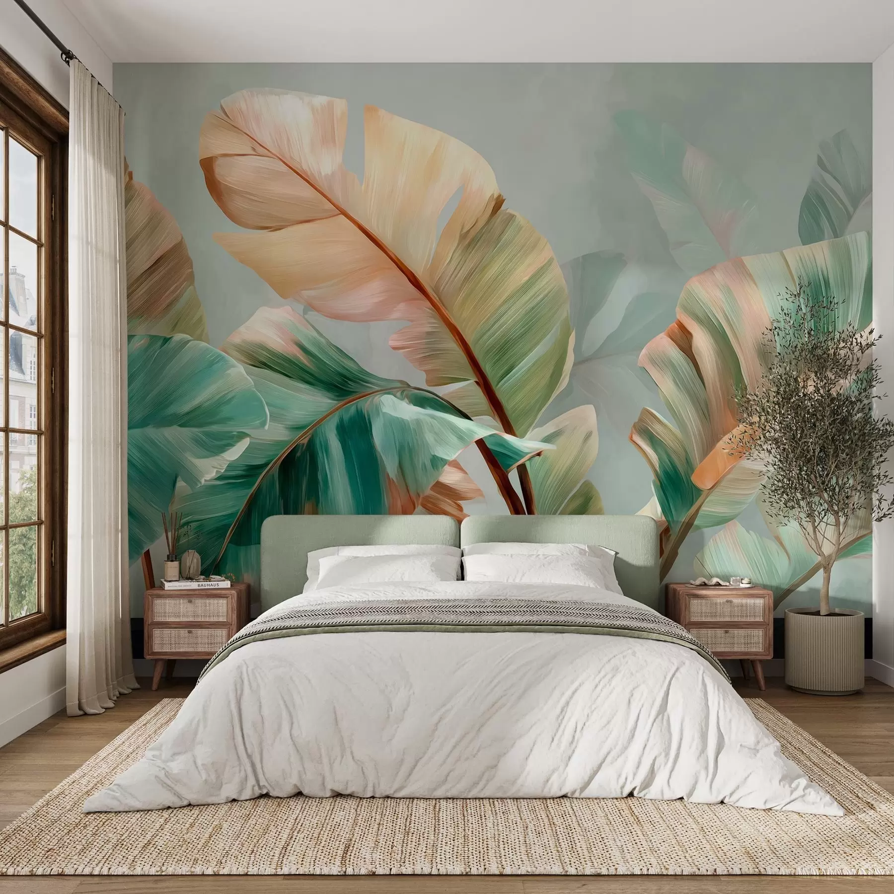 wall murals Нежни тропски листови банане у пастелним жуто-зеленим тоновима w09581