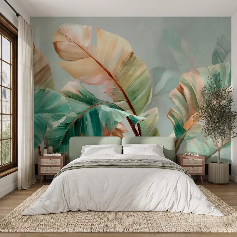 wall murals Нежни тропски листови банане у пастелним жуто-зеленим тоновима w09581