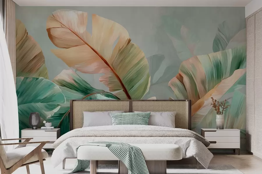 wall murals Нежни тропски листови банане у пастелним жуто-зеленим тоновима w09581