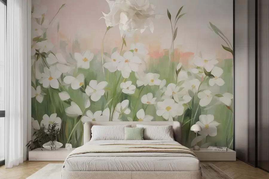 wall murals Апстрактно поље дивљег цвећа са зеленим стабљикама и листовима, наспрам нежно ружичастог и белог текстурираног неба w09297