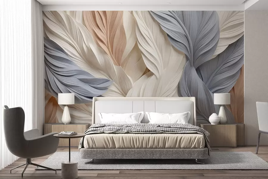 wall murals Апстрактно, слојевито перје у кремастим, беж и светлоплавим нијансама, са текстурираним, органским изгледом w09603