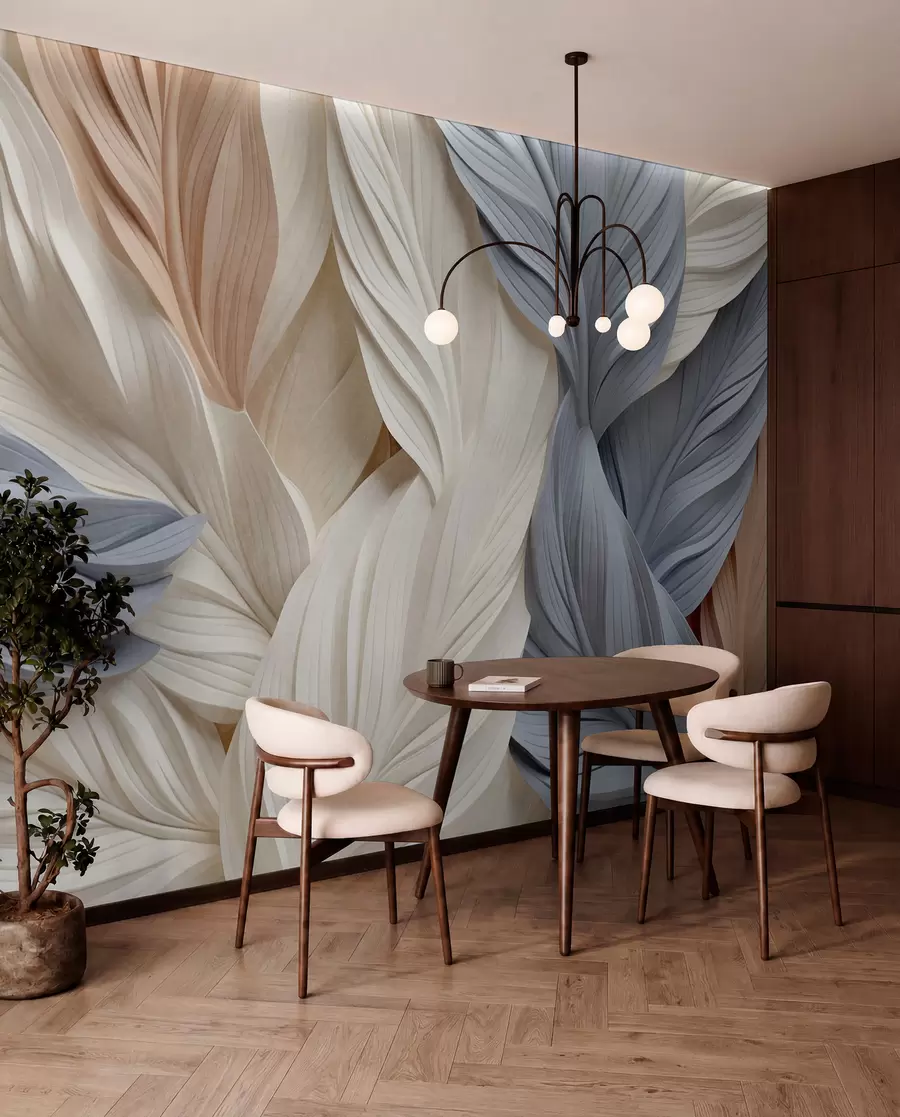 wall murals Апстрактно, слојевито перје у кремастим, беж и светлоплавим нијансама, са текстурираним, органским изгледом w09603