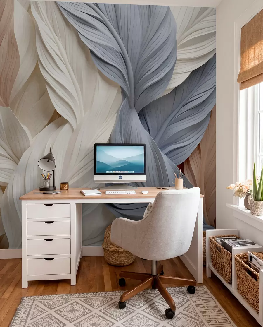 wall murals Апстрактно, слојевито перје у кремастим, беж и светлоплавим нијансама, са текстурираним, органским изгледом w09603