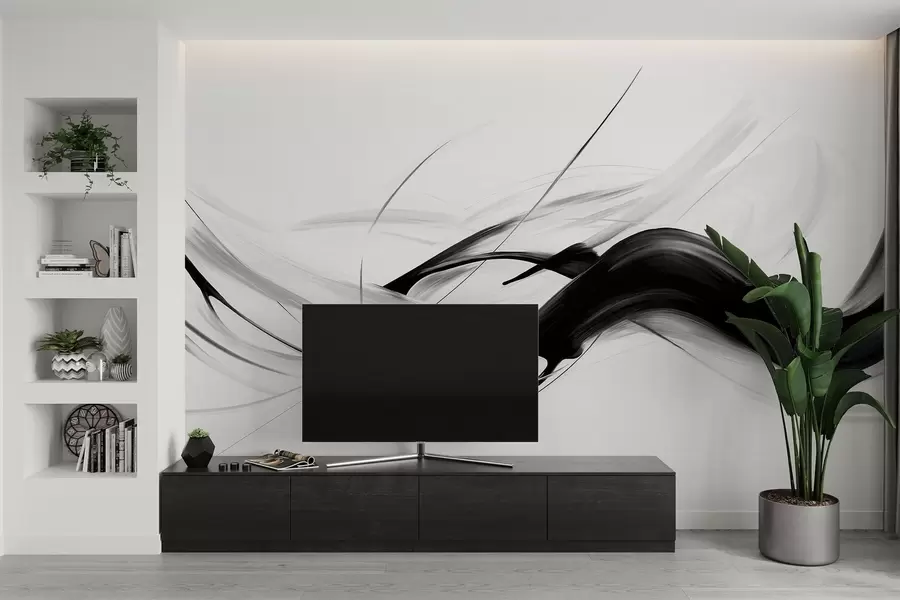 wall murals Апстрактни црно-бели потези четкицом са танким линијама стварају модеран дизајн на светлој позадини w09605