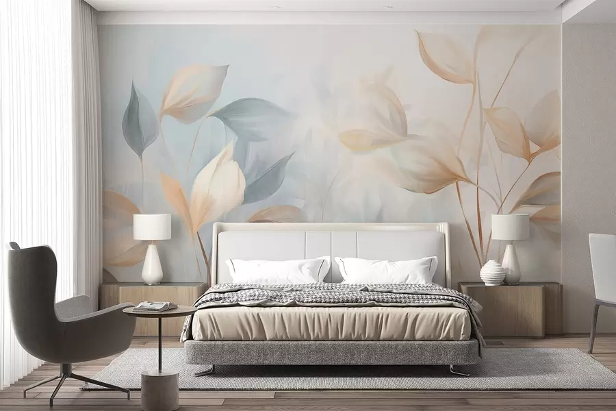 wall murals Меки, нежни, провидни листови у пригушеним тоновима беж, брескве и бледоплаве, текстурирана пастелна уметност w09607