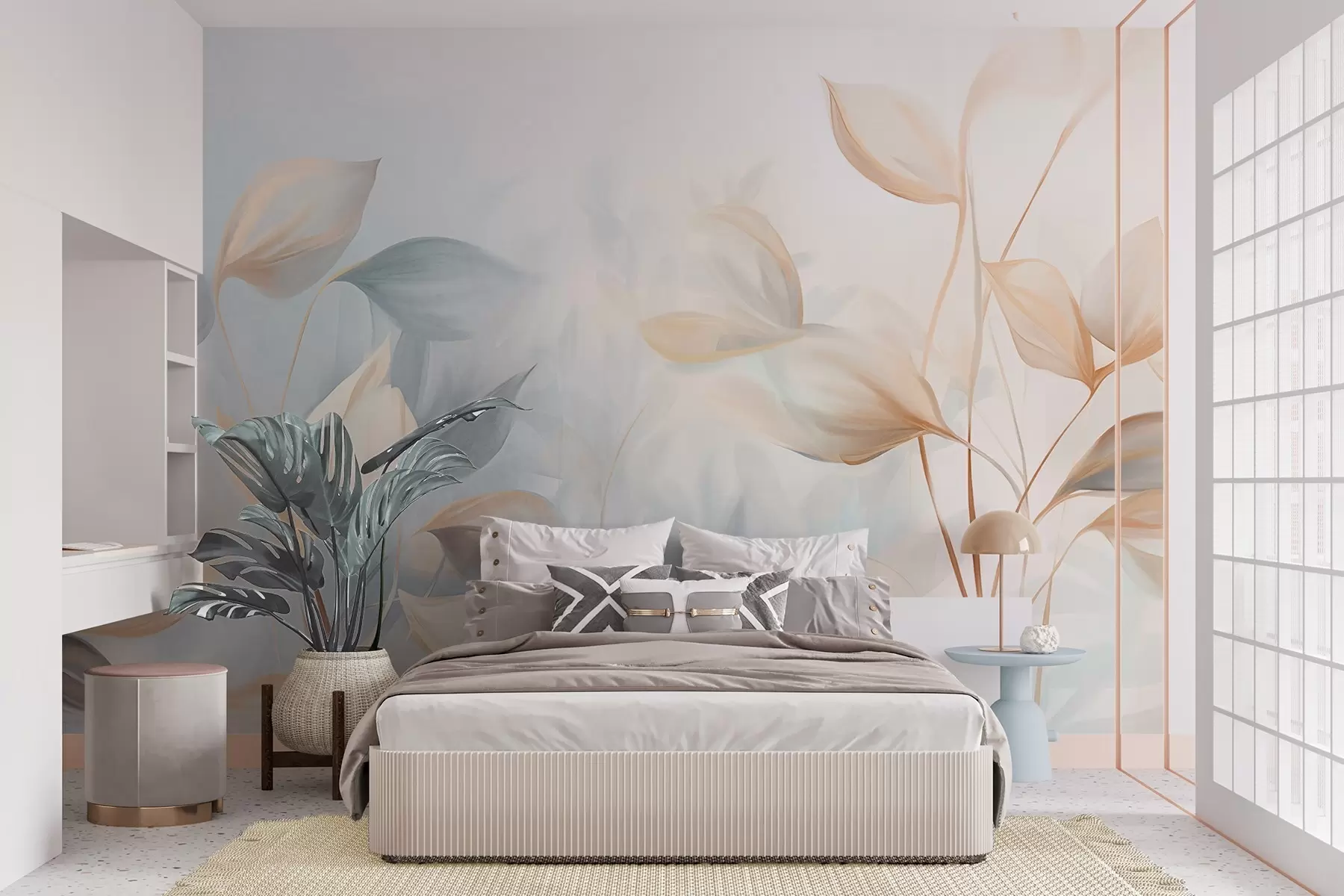 wall murals Меки, нежни, провидни листови у пригушеним тоновима беж, брескве и бледоплаве, текстурирана пастелна уметност w09607