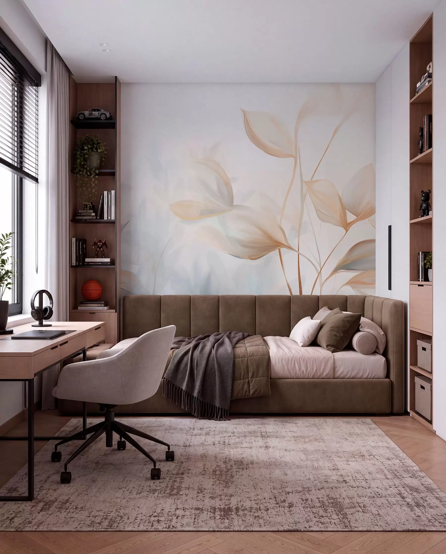 wall murals Lišće u boji breskve i plavoj w09607