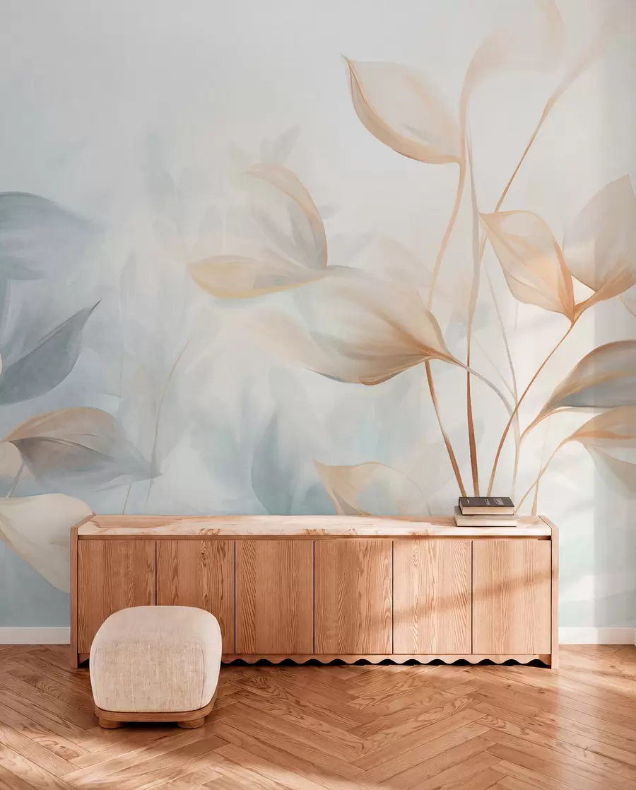 wall murals Меки, нежни, провидни листови у пригушеним тоновима беж, брескве и бледоплаве, текстурирана пастелна уметност w09607