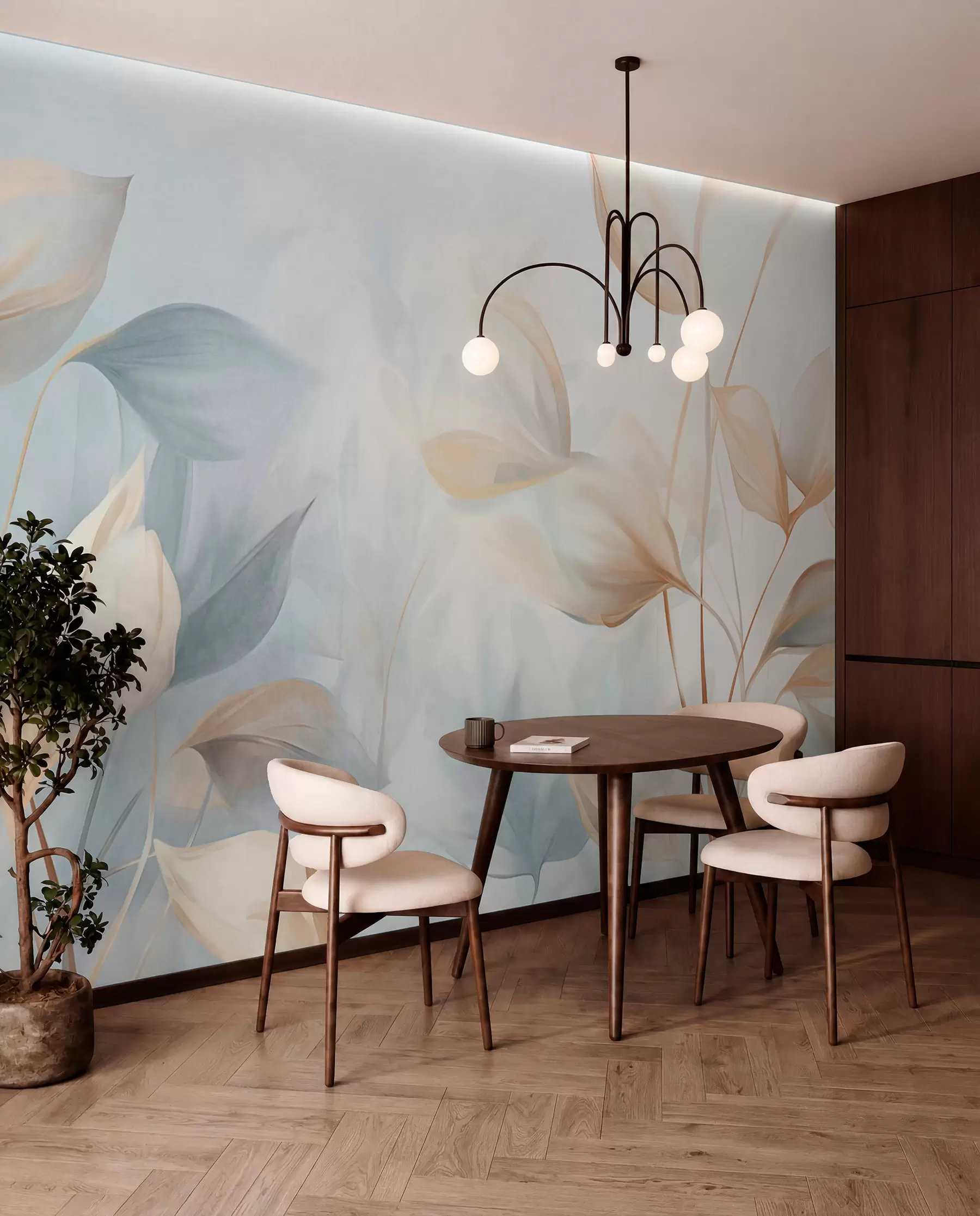 wall murals Lišće u boji breskve i plavoj w09607