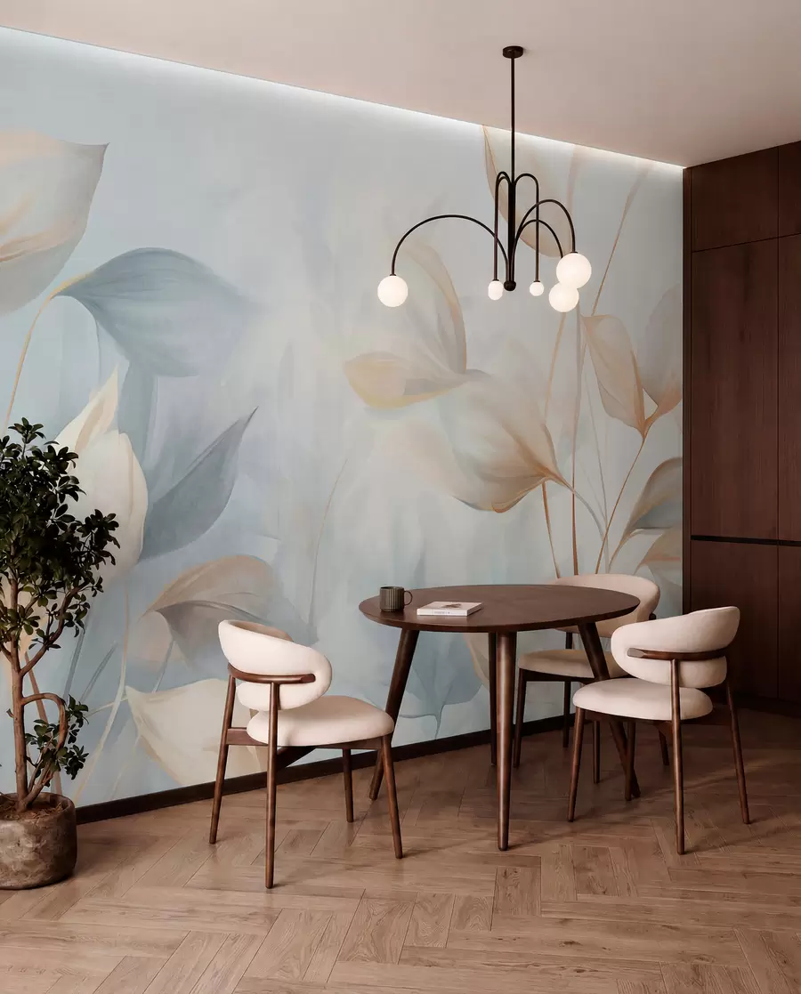 wall murals Меки, нежни, провидни листови у пригушеним тоновима беж, брескве и бледоплаве, текстурирана пастелна уметност w09607