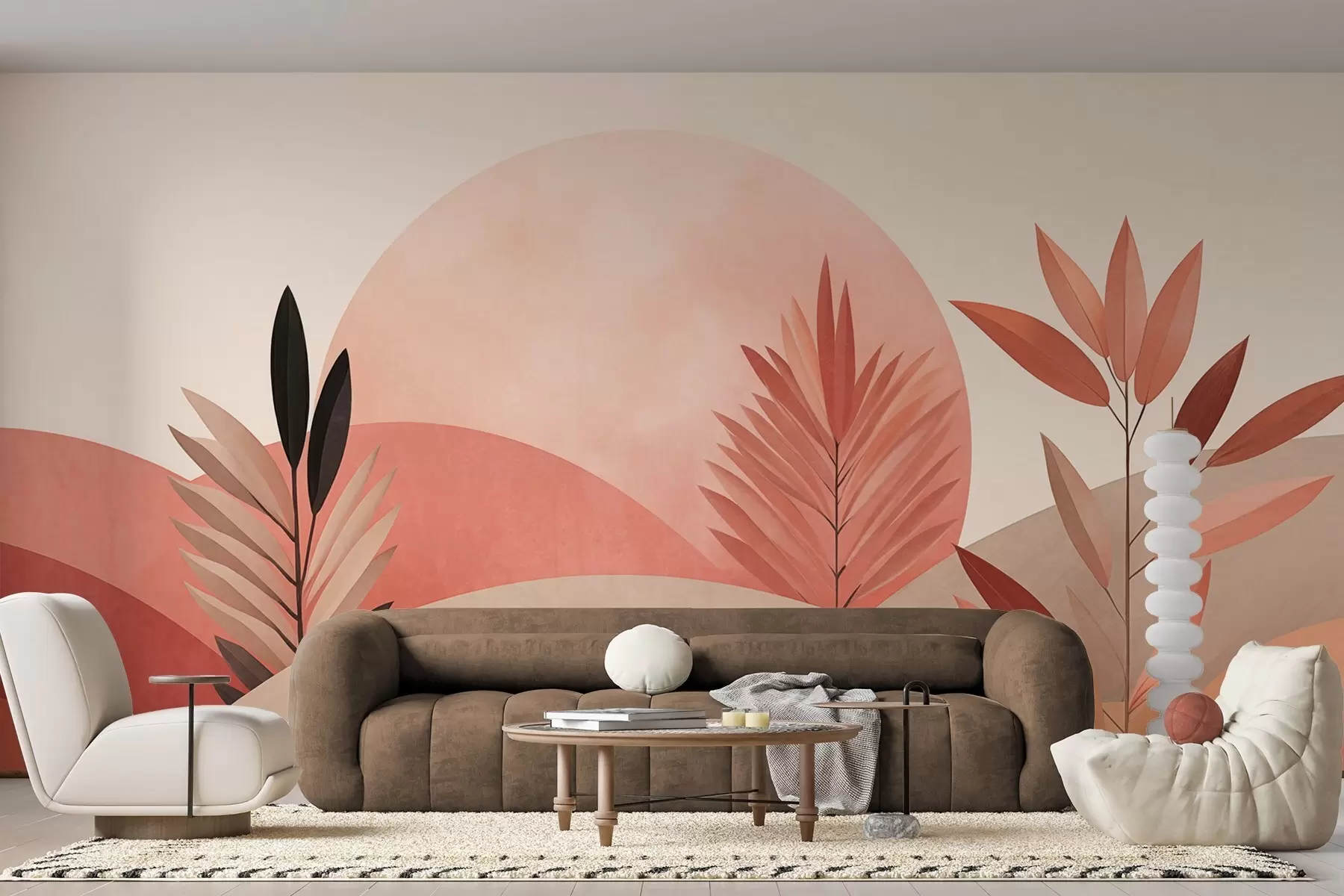 wall murals Апстрактни бохо пејзаж, сунце иза валовитих брда, биљке у првом плану, минималистички, текстурирани, пригушене боје w09608