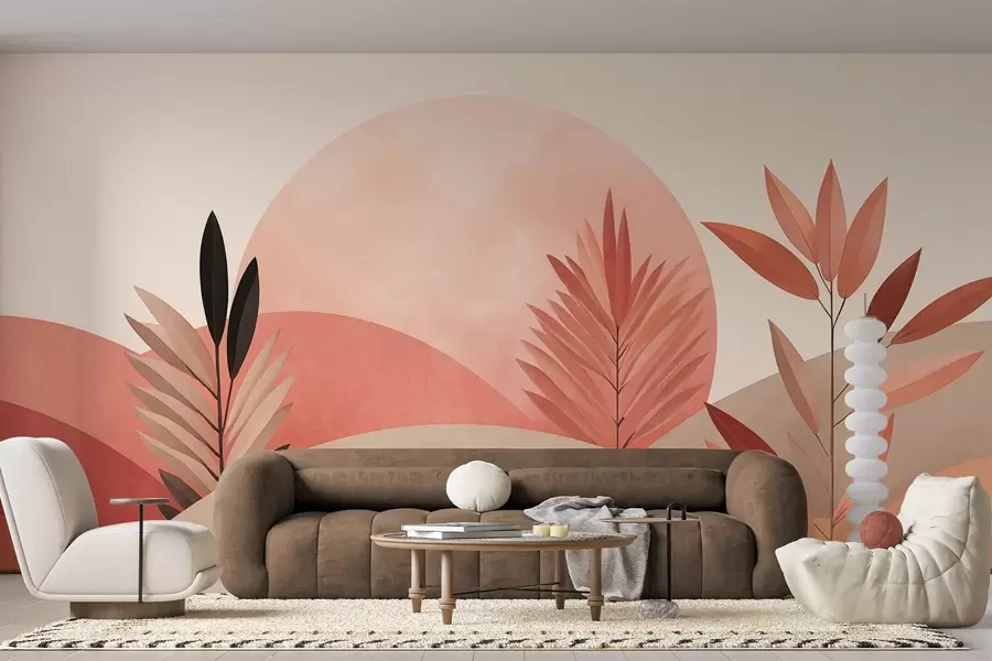 wall murals Апстрактни бохо пејзаж, сунце иза валовитих брда, биљке у првом плану, минималистички, текстурирани, пригушене боје w09608
