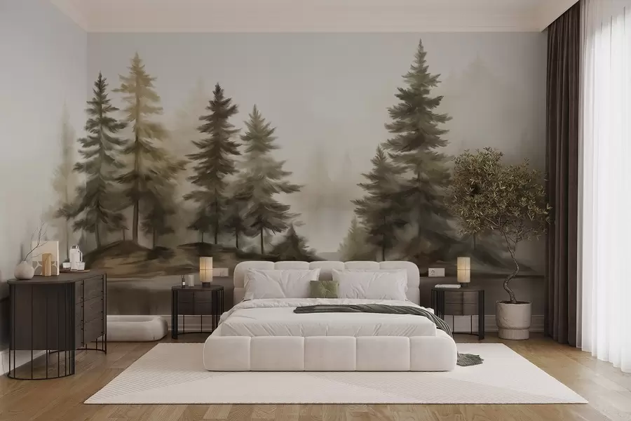 wall murals Текстурирана магловита шума са високим боровима, имитација сликања w09610