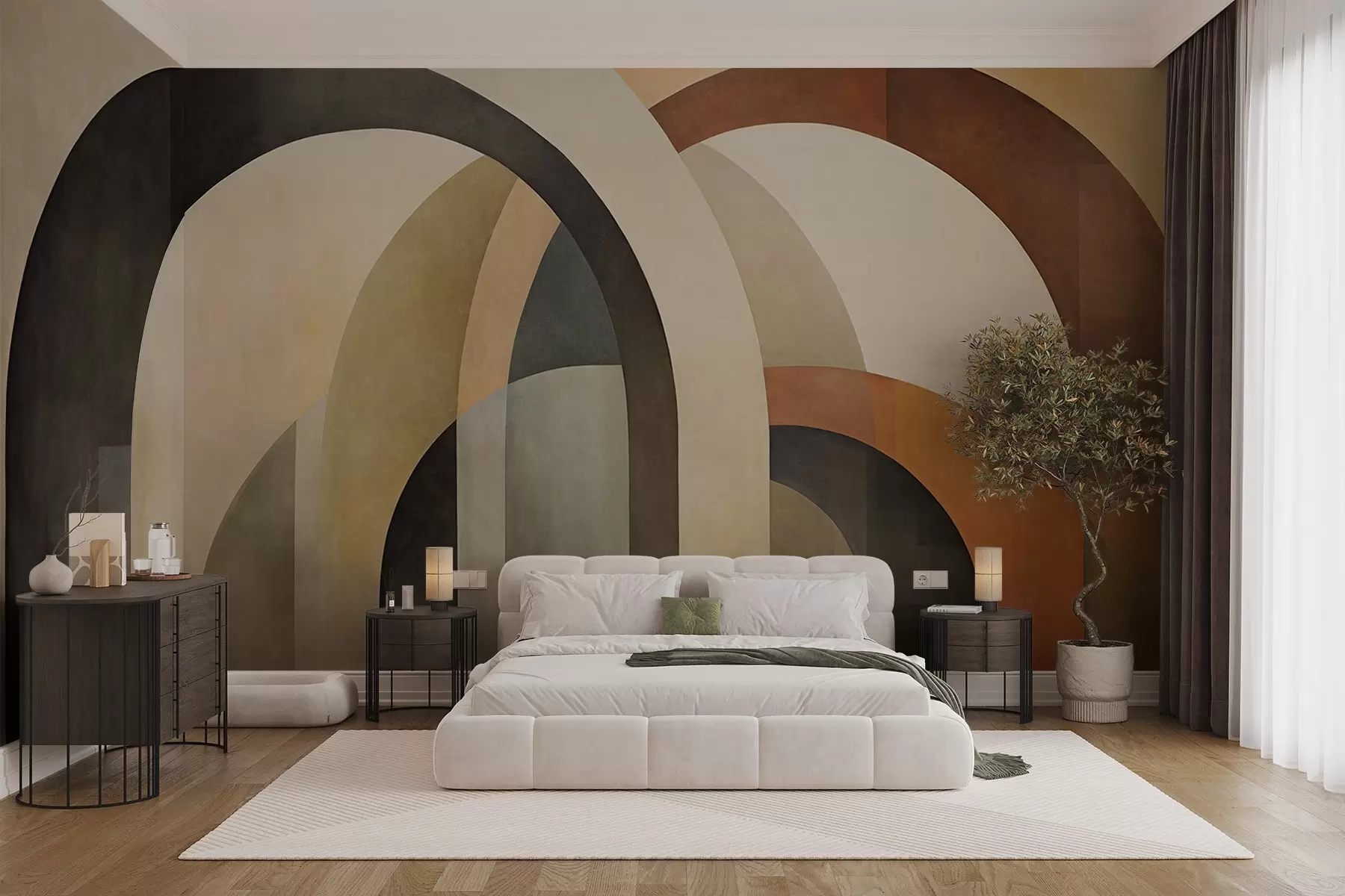 wall murals Апстрактни текстурирани геометријски лукови у земљаним тоновима беж, браон и сиве, слојевити модерни архитектонски дизајн w09611