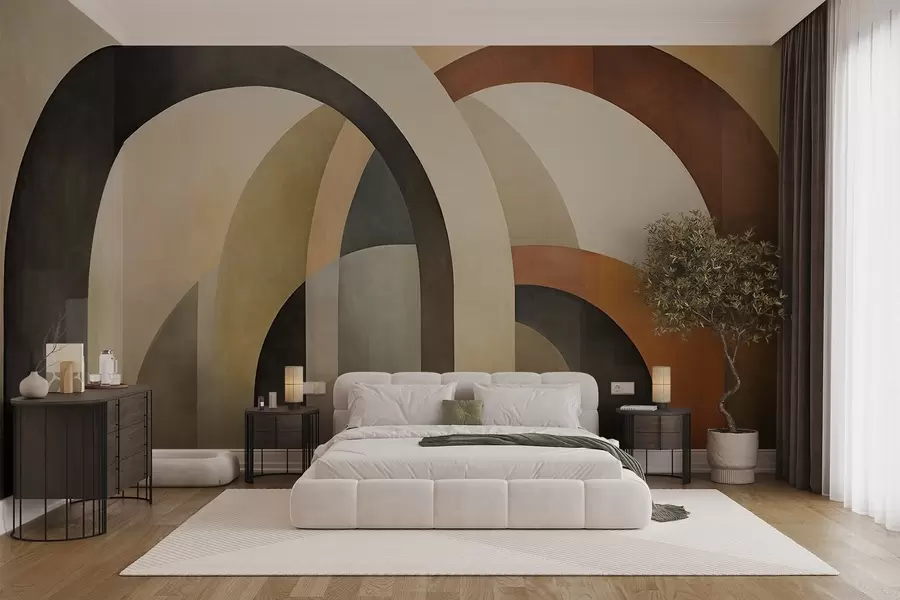 wall murals Апстрактни текстурирани геометријски лукови у земљаним тоновима беж, браон и сиве, слојевити модерни архитектонски дизајн w09611