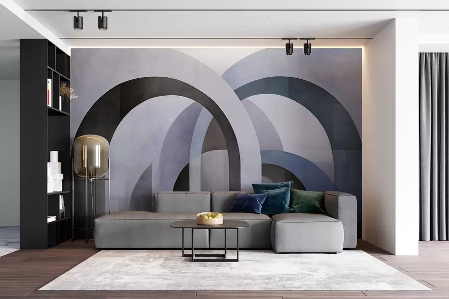 wall murals Апстрактни текстурирани геометријски лукови у тоновима плаве, црне и сиве, слојевити модерни архитектонски дизајн w09611v1