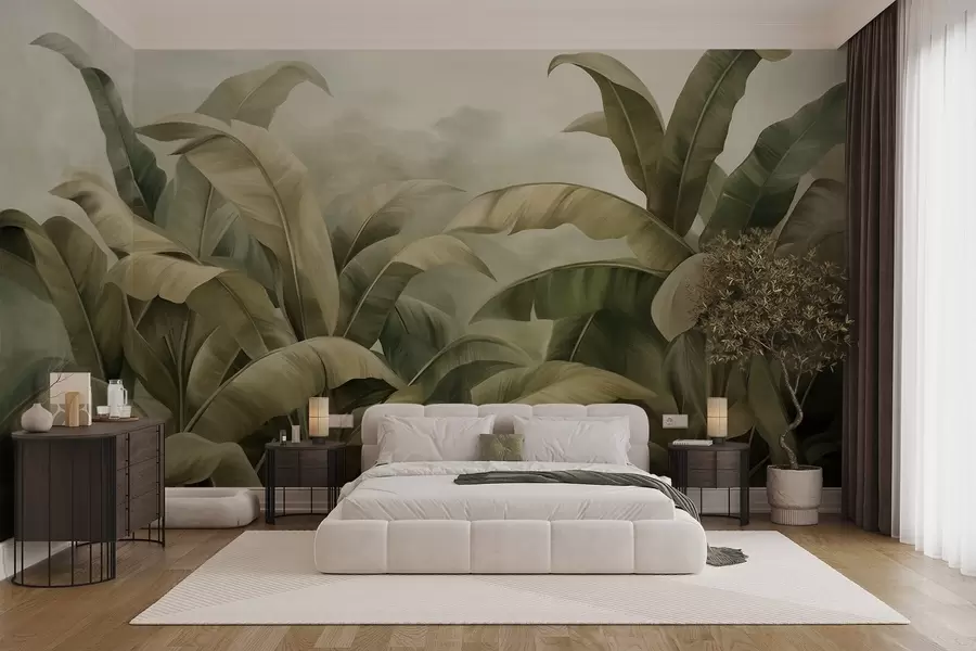 wall murals Текстурирани густи џунгларски пејзаж са великим листовима банане у пригушеним зеленим и беж тоновима w09613