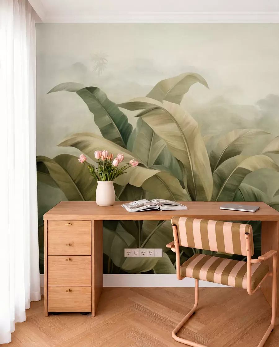 wall murals Текстурирани густи џунгларски пејзаж са великим листовима банане у пригушеним зеленим и беж тоновима w09613