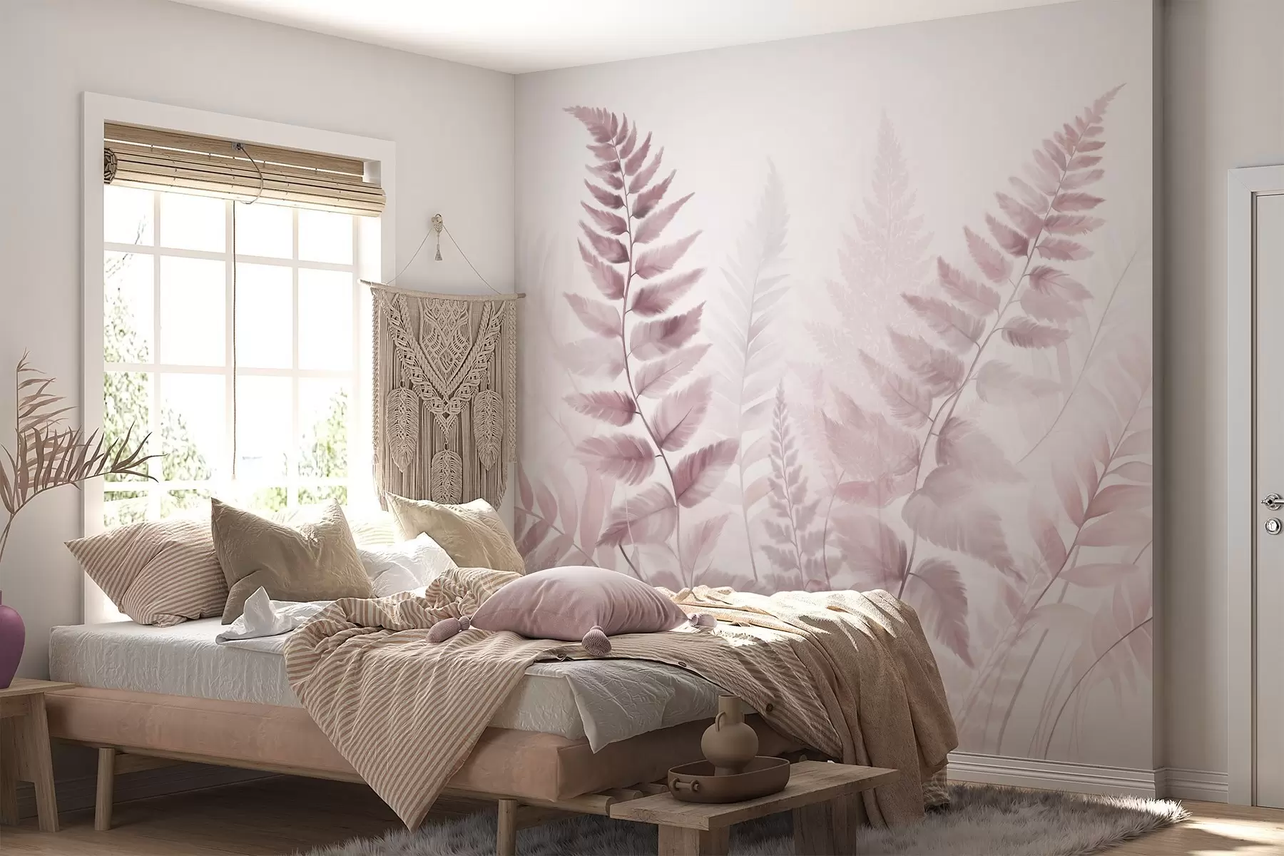 wall murals Текстурирани сушени листови папрати у различитим нијансама ружичасте, са меком, светлом позадином у стилу акварела w09615v2