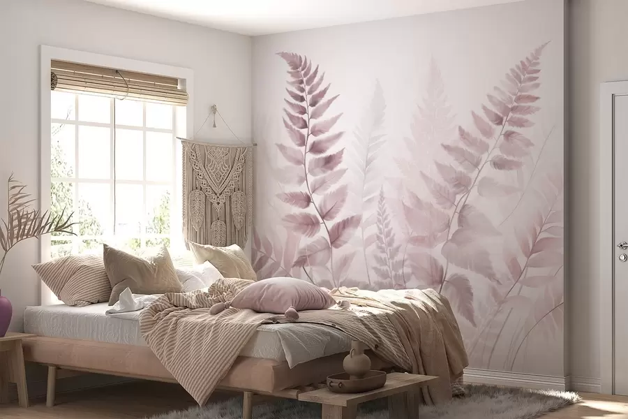 wall murals Текстурирани сушени листови папрати у различитим нијансама ружичасте, са меком, светлом позадином у стилу акварела w09615v2