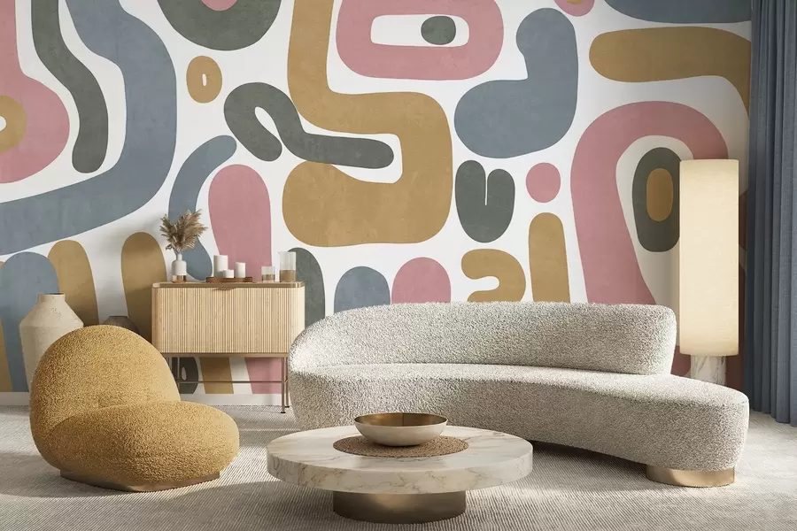 wall murals Апстрактни текстурирани облици у пастелно ружичастој, пригушеној плавој, сенф жутој и сивој боји на белој позадини, модерна уметност w09620