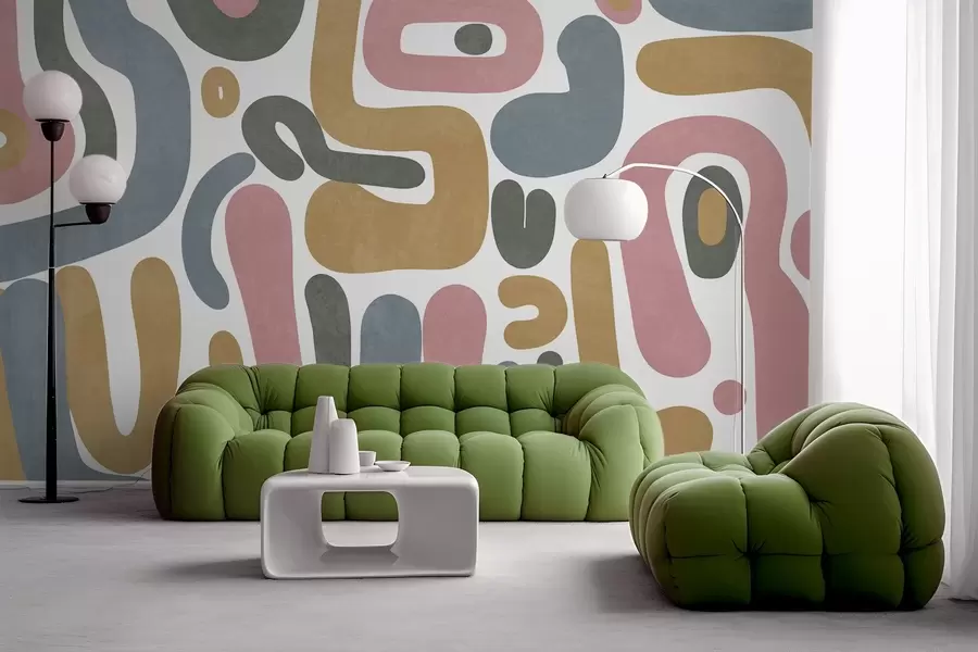 wall murals Апстрактни текстурирани облици у пастелно ружичастој, пригушеној плавој, сенф жутој и сивој боји на белој позадини, модерна уметност w09620