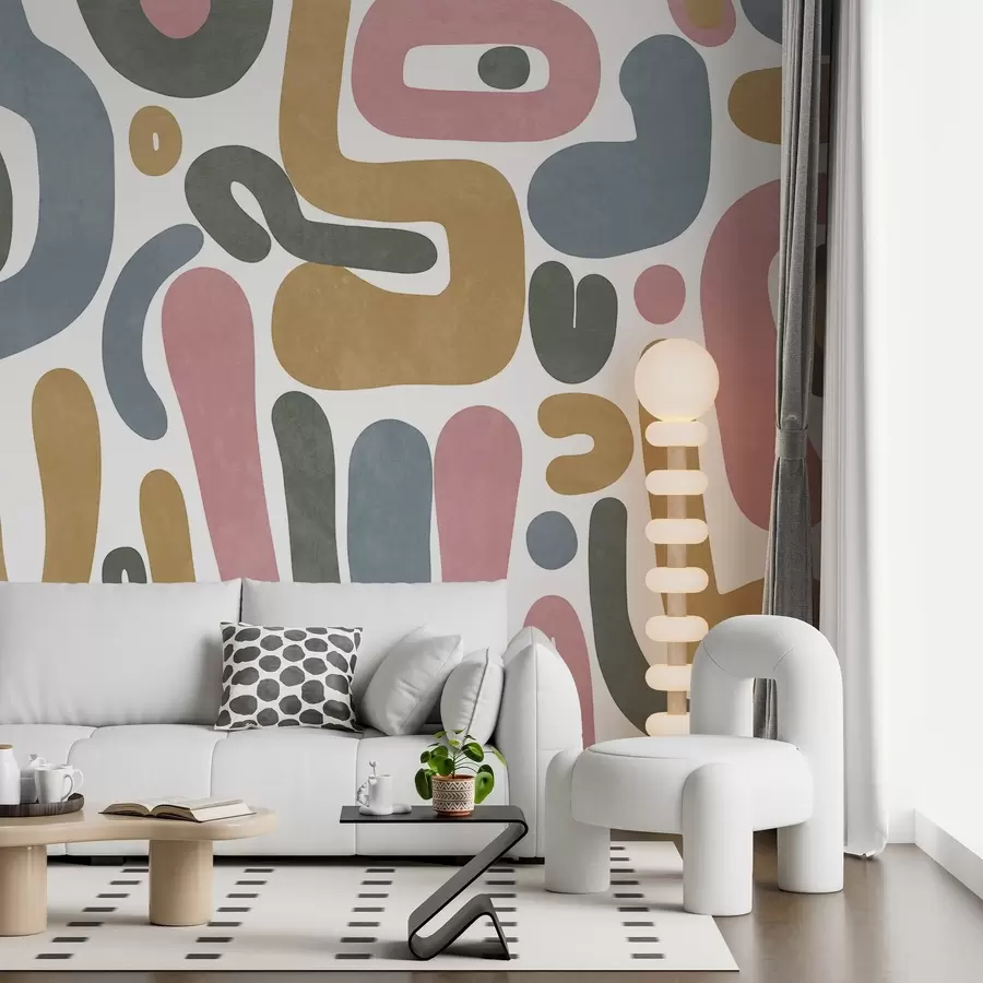 wall murals Апстрактни текстурирани облици у пастелно ружичастој, пригушеној плавој, сенф жутој и сивој боји на белој позадини, модерна уметност w09620