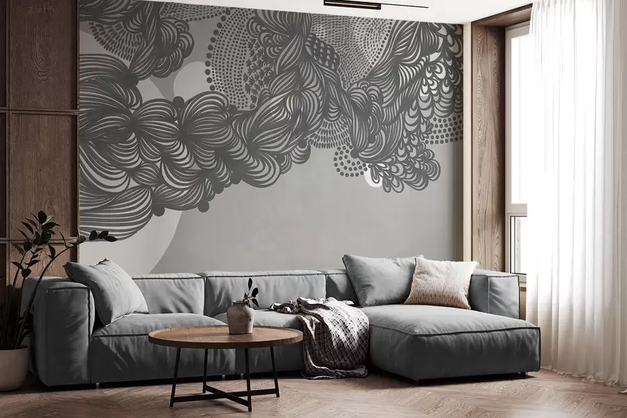 wall murals Апстрактни текстурирани дизајн на сивој позадини, са замршеним линијским радом и тачкастим текстурама w09621v1