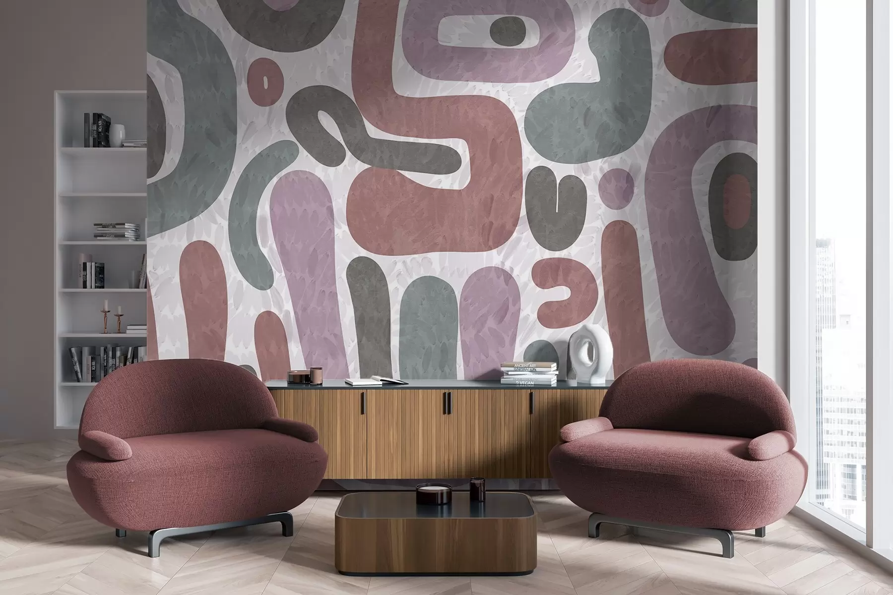 wall murals Апстрактни текстурирани облици у пригушеним ружичастим, зеленим и сивим тоновима, на текстурираној позадини модерне уметности w09622