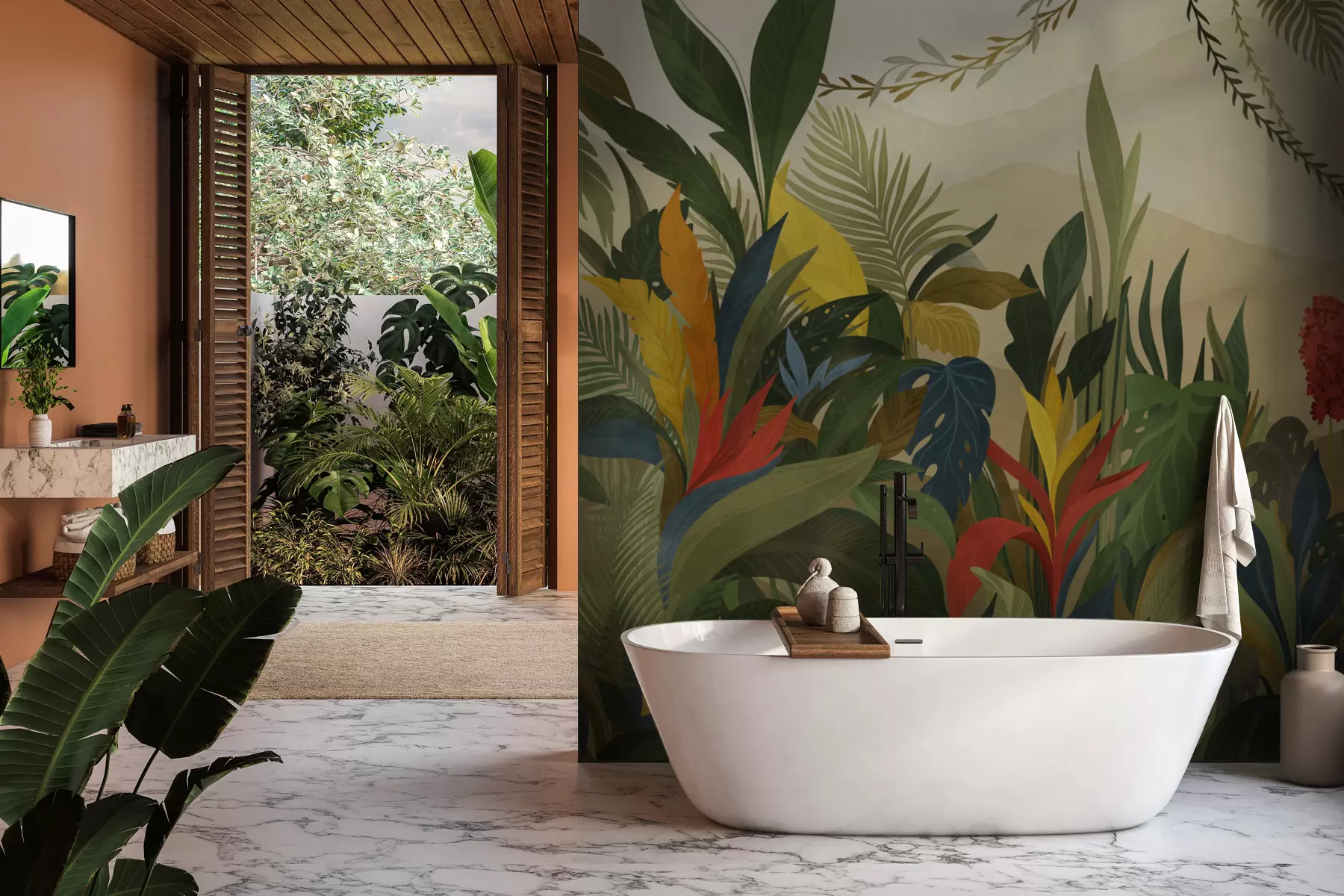 wall murals Тропско лишће са великим листовима и цветовима w05019