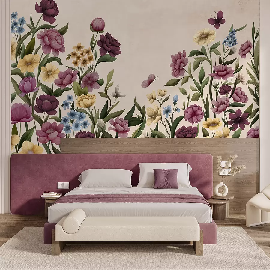 wall murals Цветна композиција са биљкама и лептирима на светлој позадини w05072
