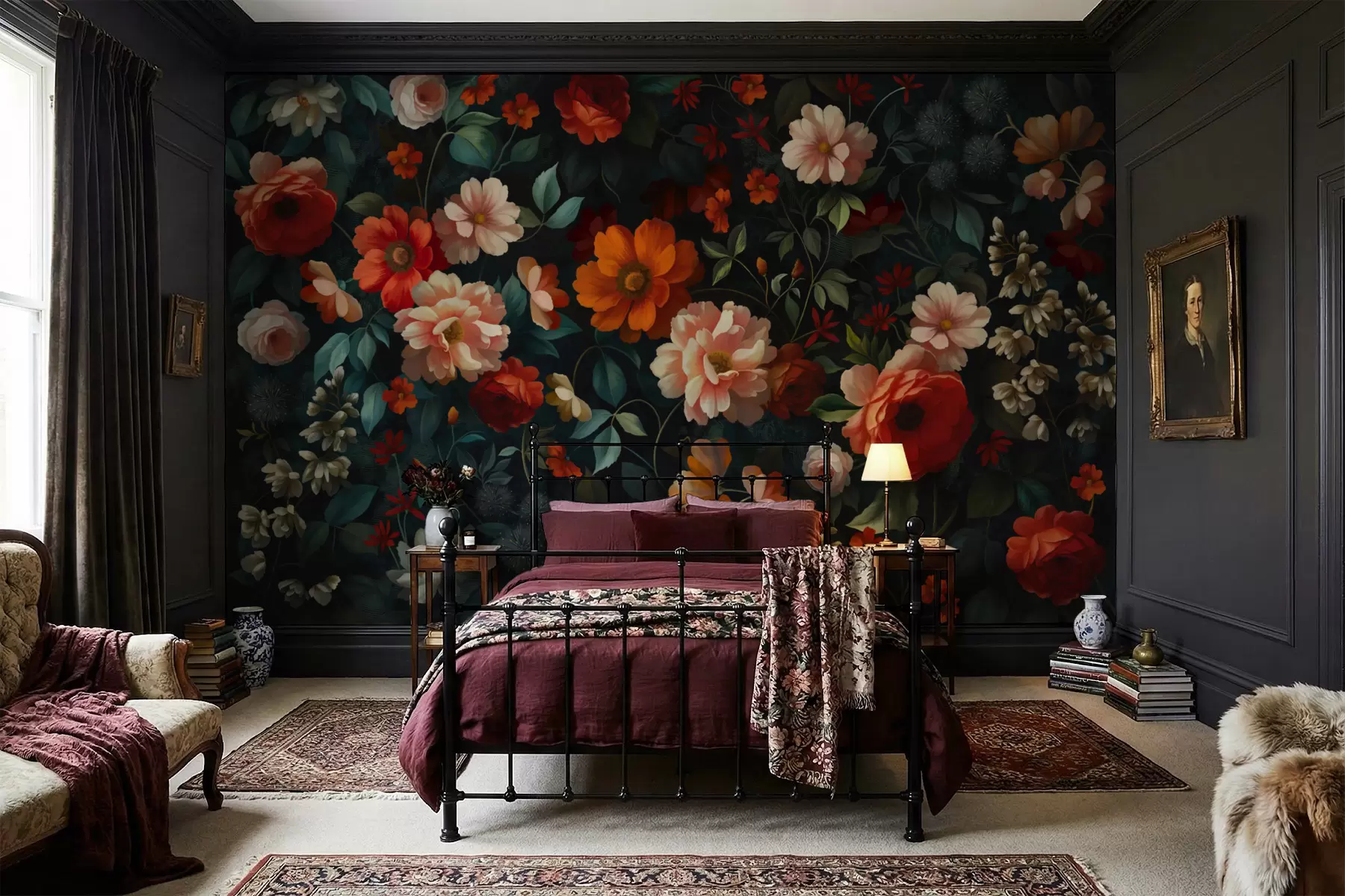 wall murals Тамни цветни узорак са бујним баштенским цвећем w05087