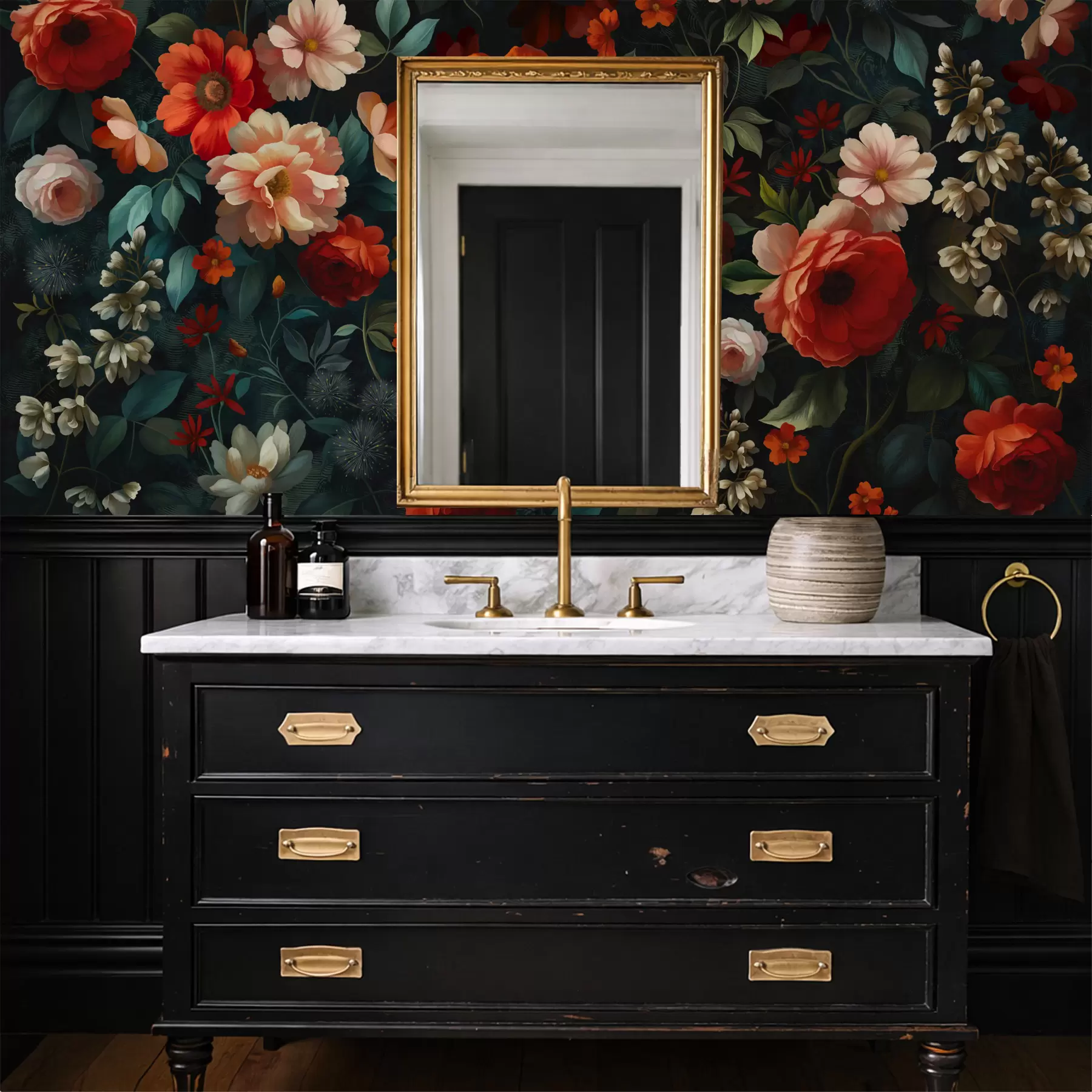 wall murals Тамни цветни узорак са бујним баштенским цвећем w05087