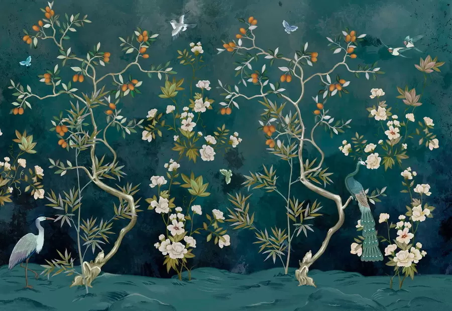 wall murals Декоративна сцена са дрвећем, цвећем и птицама на тамној позадини w05004