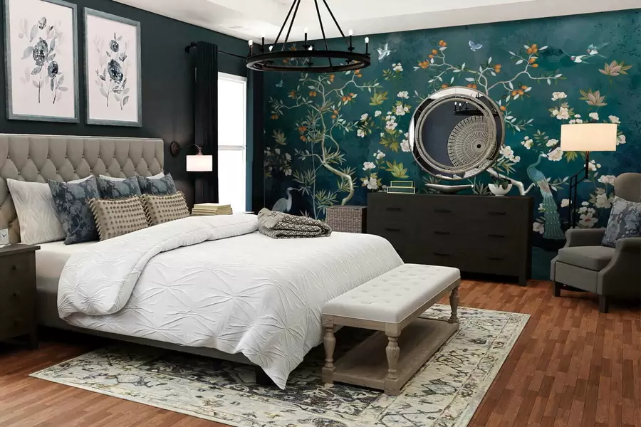 wall murals Декоративна сцена са дрвећем, цвећем и птицама на тамној позадини w05004