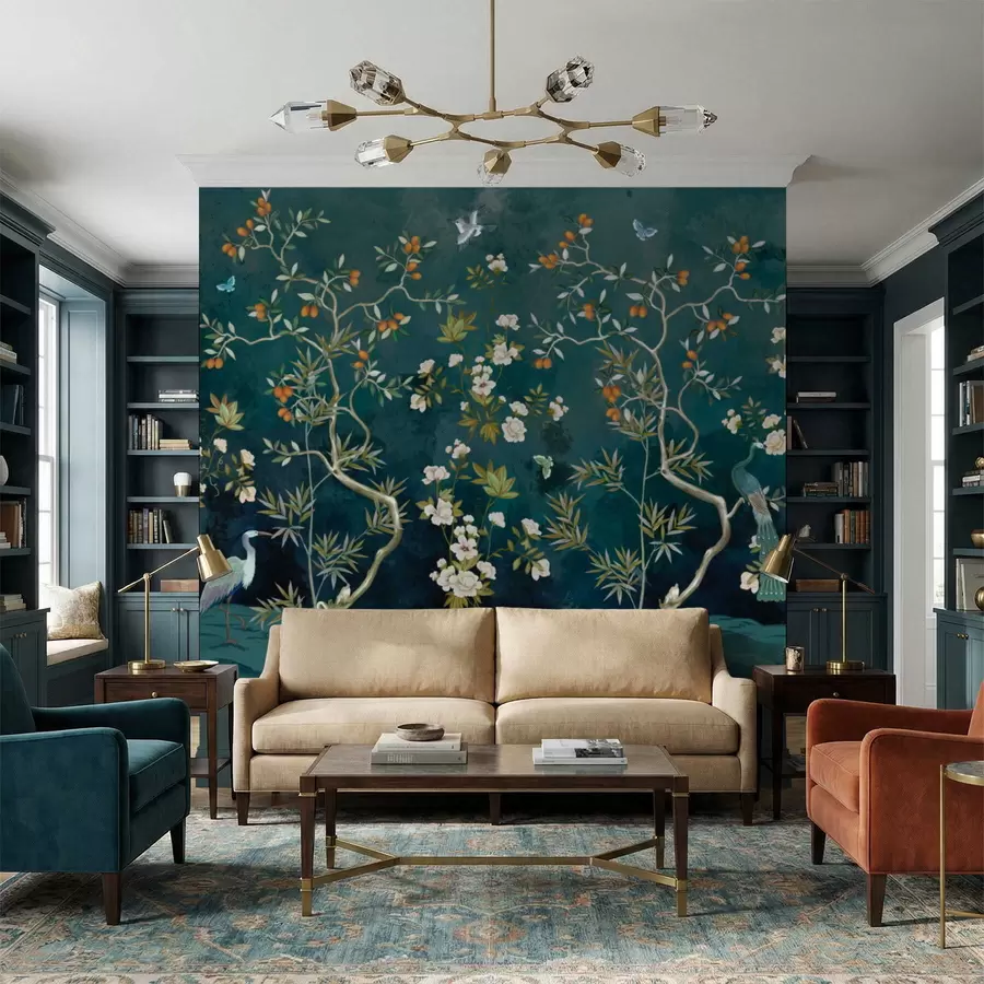 wall murals Декоративна сцена са дрвећем, цвећем и птицама на тамној позадини w05004