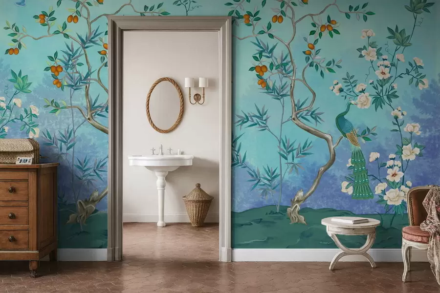 wall murals Сцена са дрвећем, цвећем и птицама, плава позадина w05004v2