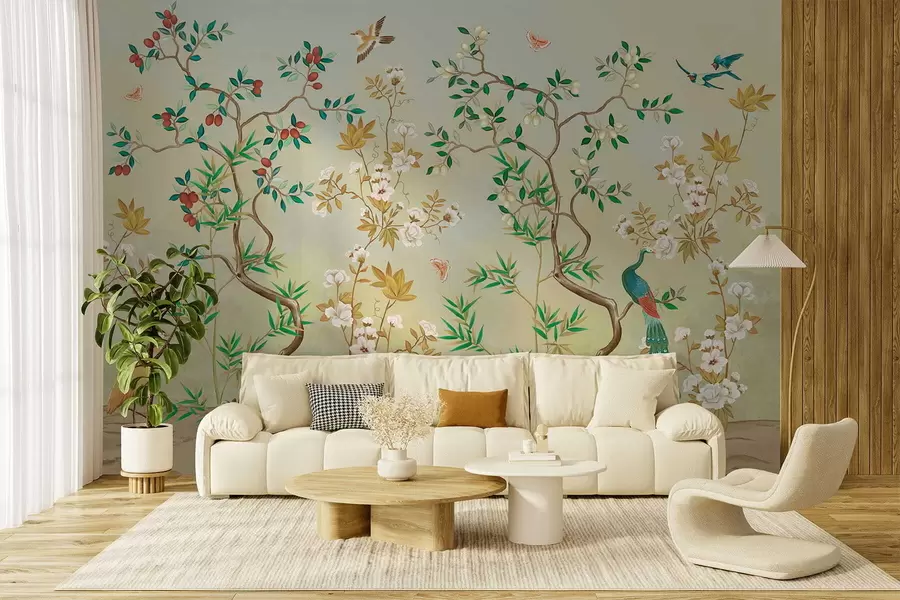 wall murals Сцена са дрвећем, цвећем и птицама, светла позадина w05004v1