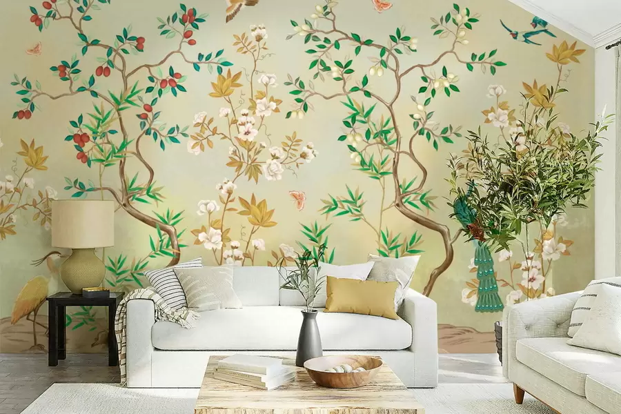 wall murals Сцена са дрвећем, цвећем и птицама, светла позадина w05004v1