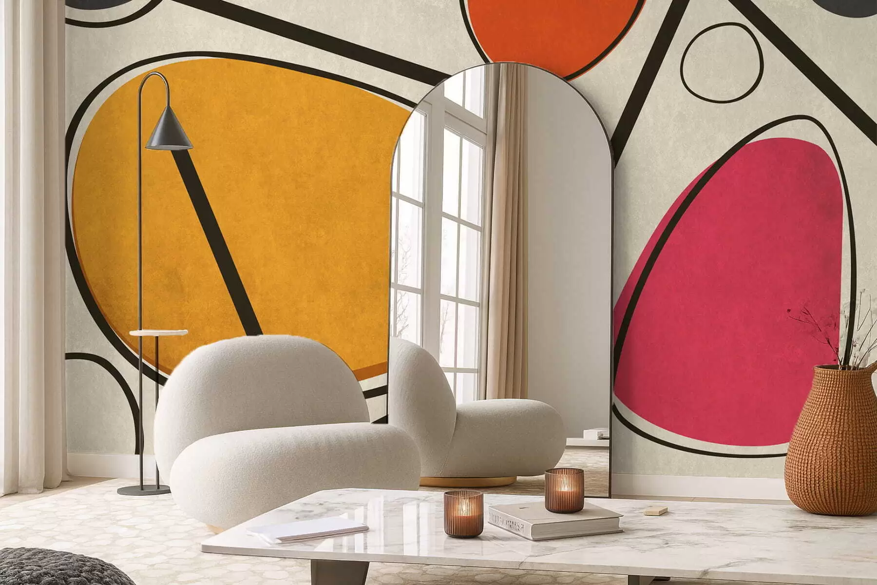 wall murals Апстрактни облици и линије са смелим пољима боја w05017