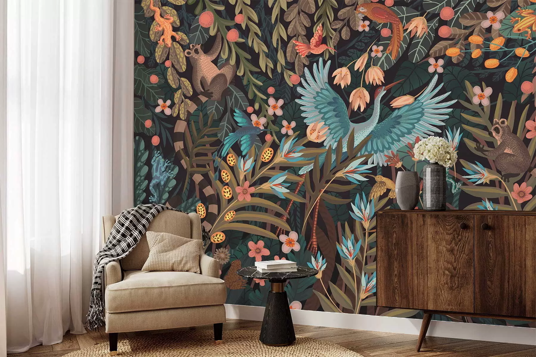 wall murals Фантазијска сцена са птицама и животињама међу биљкама w05024