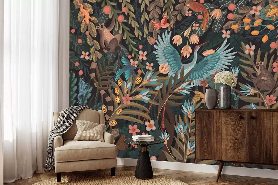 wall murals Фантазијска сцена са птицама и животињама међу биљкама w05024