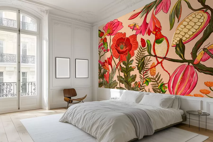 wall murals Декоративно цвеће и птице на беж позадини w05036