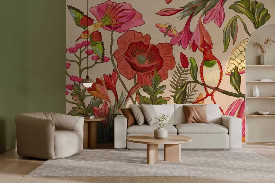 wall murals Декоративно цвеће и птице на плавој позадини w05036