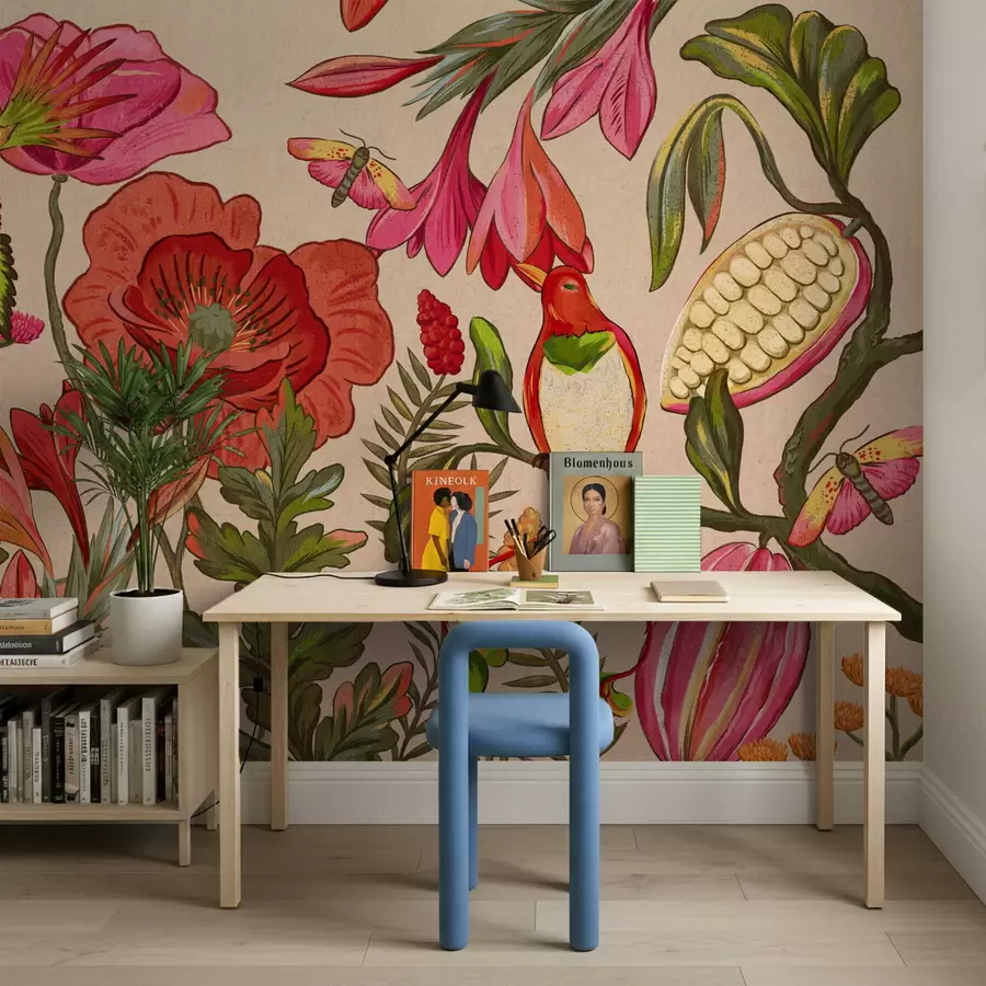 wall murals Декоративно цвеће и птице на плавој позадини w05036